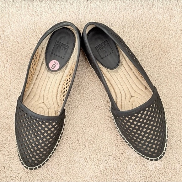 FRYE Lattice Suede Leather Espadrille Loafer Flats Shoes Black Sz 9 Boho Travel - Picture 5 of 8